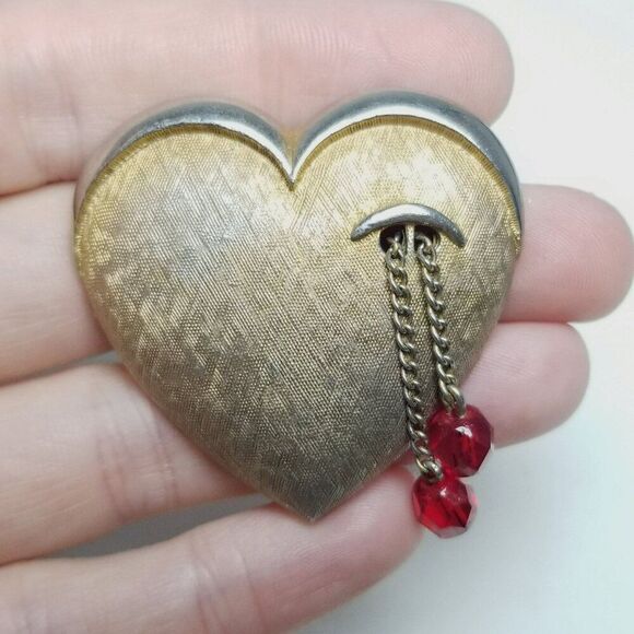 Vintage JJ Heart Shape Crying Eye Brooch, Gold Tone, Red Beads, Signed Estate - Picture 1 of 7